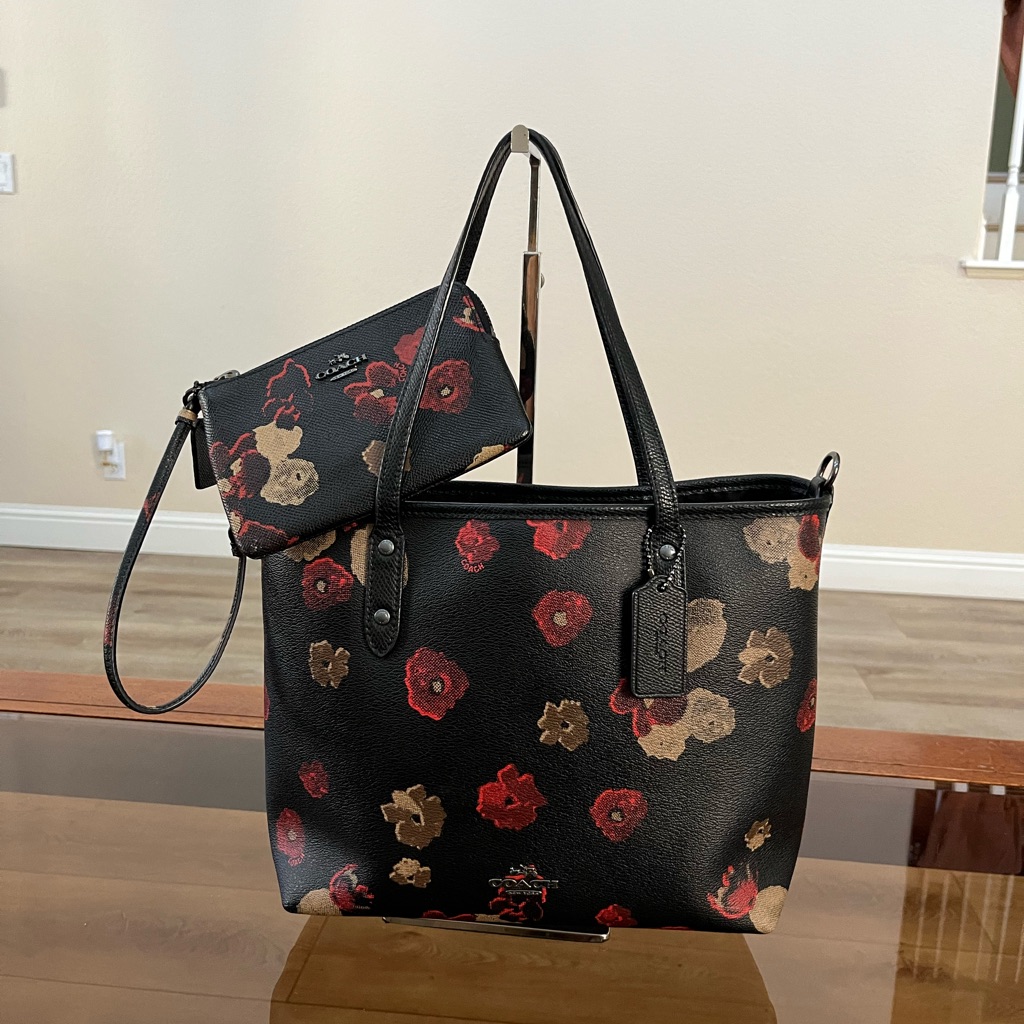 Coach Floral Black Tote Bag With Pouch